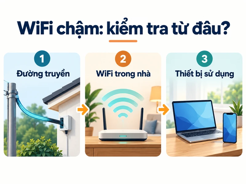 Minh họa ba nơi cần kiểm tra khi WiFi chậm