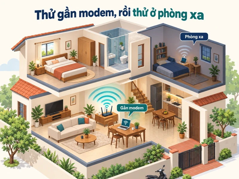 Minh họa thử kết nối gần modem và ở phòng xa